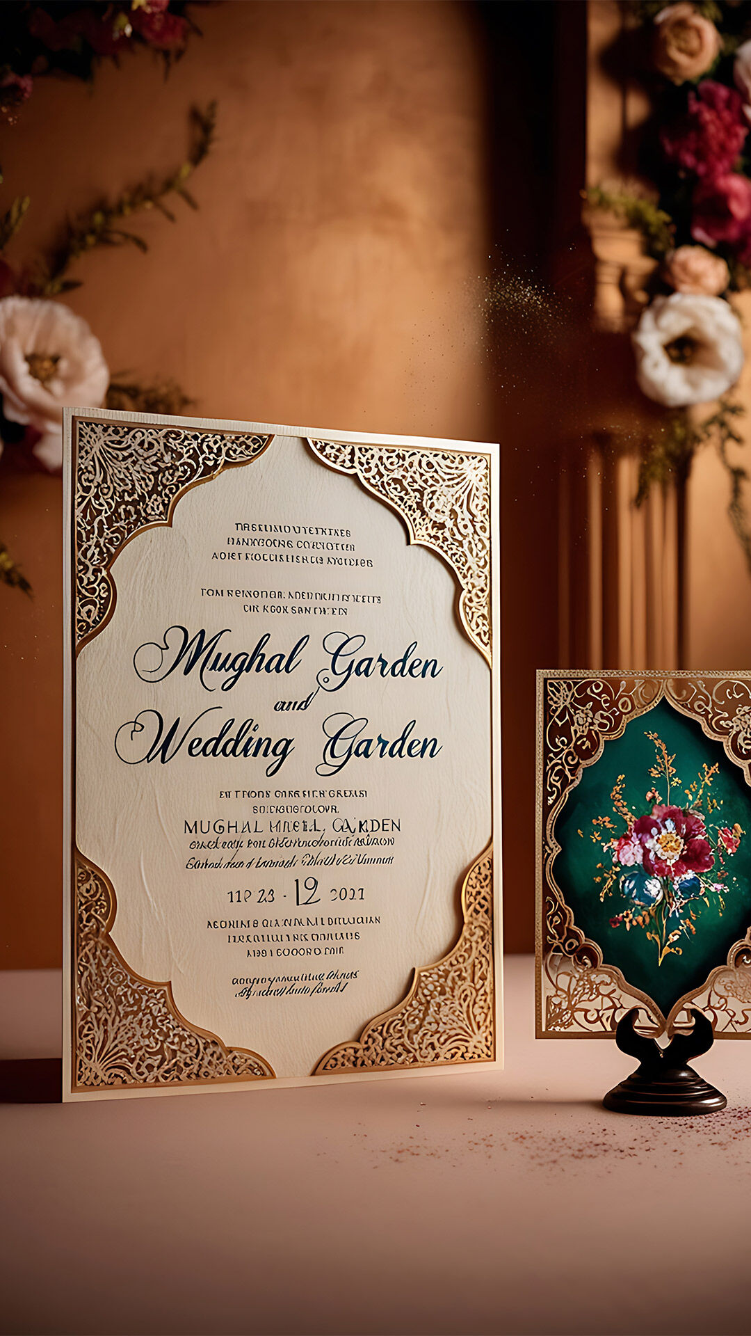 Elegant Mughal-themed wedding invitation card with intricate golden laser-cut design and floral details.